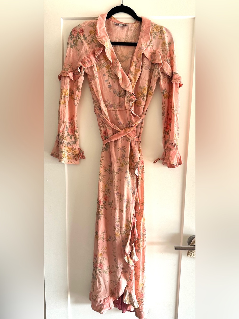 D’ASCOLI 100% Silk Pink Floral Wrap Ruffled Maxi Dress XS